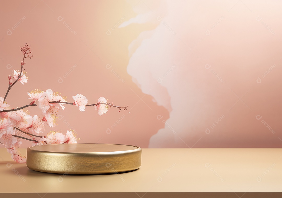 Display de pódio de luxo de estúdio mínimo com flor de maçã em pêssego