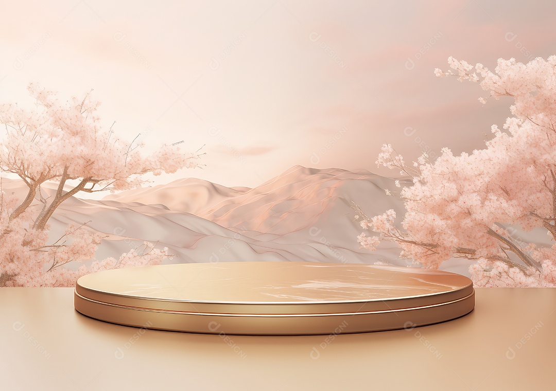 Display de pódio de luxo de estúdio mínimo com flor de maçã em pêssego