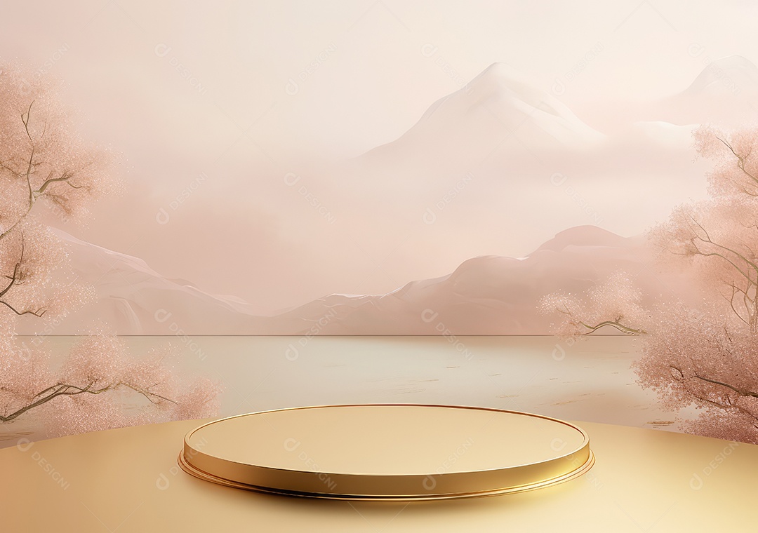 Display de pódio de luxo de estúdio mínimo com flor de maçã em pêssego