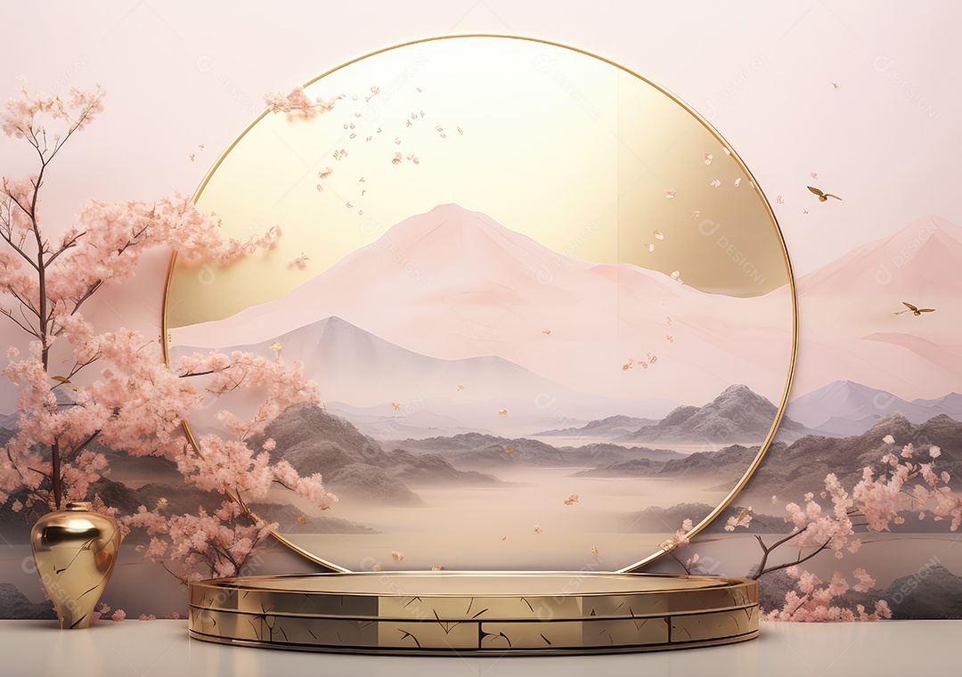 Display de pódio de luxo de estúdio mínimo com flor de maçã em pêssego