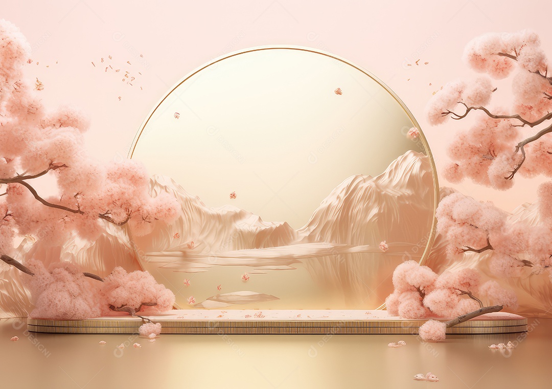 Display de pódio de luxo de estúdio mínimo com flor de maçã em pêssego