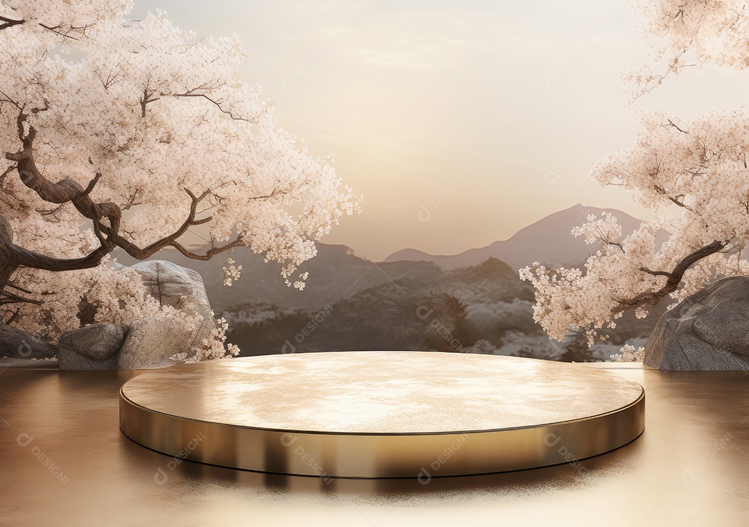 Display de pódio de luxo de estúdio mínimo com flor de maçã em pêssego