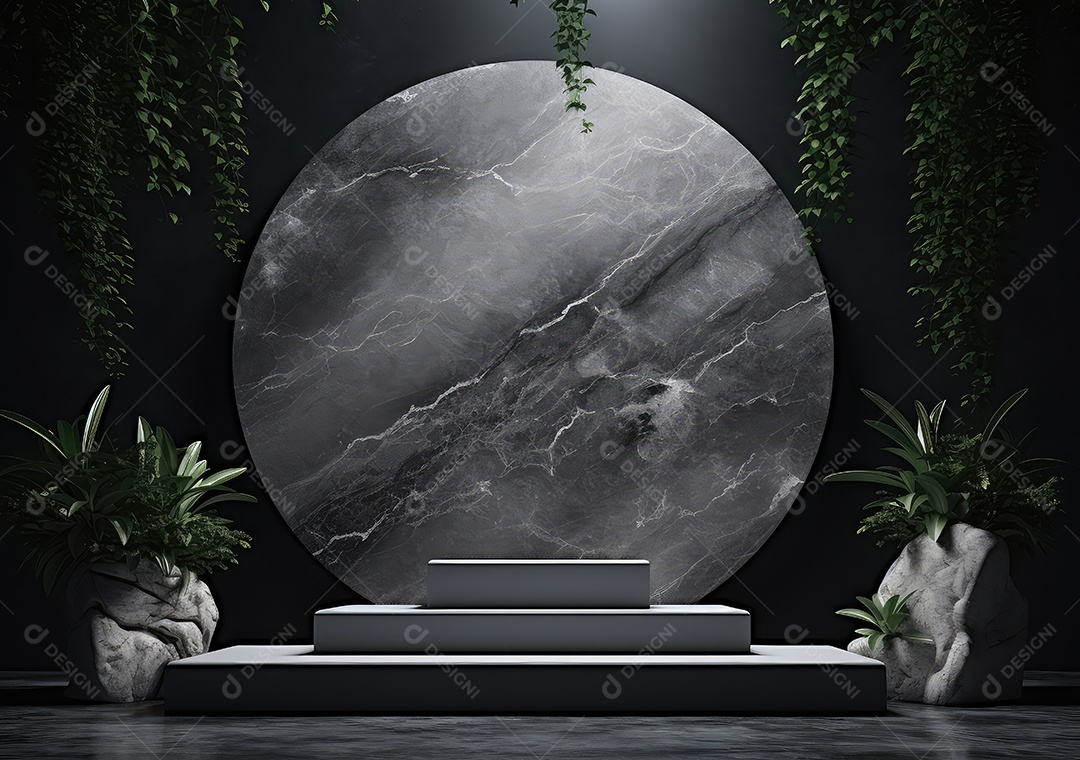 Pódio de pedra escura para placa de produto de marca cosmética de beleza
