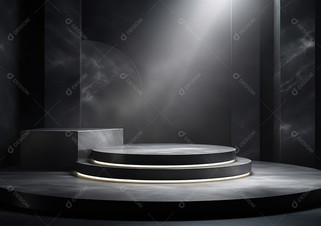Pódio escuro, vitrine para publicidade de produtos e mercadorias. Exibição