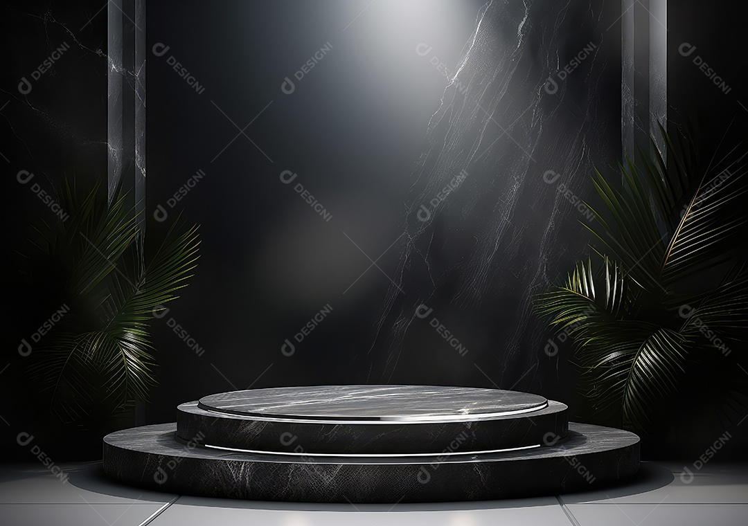 Pódio escuro, vitrine para publicidade de produtos e mercadorias. Exibição