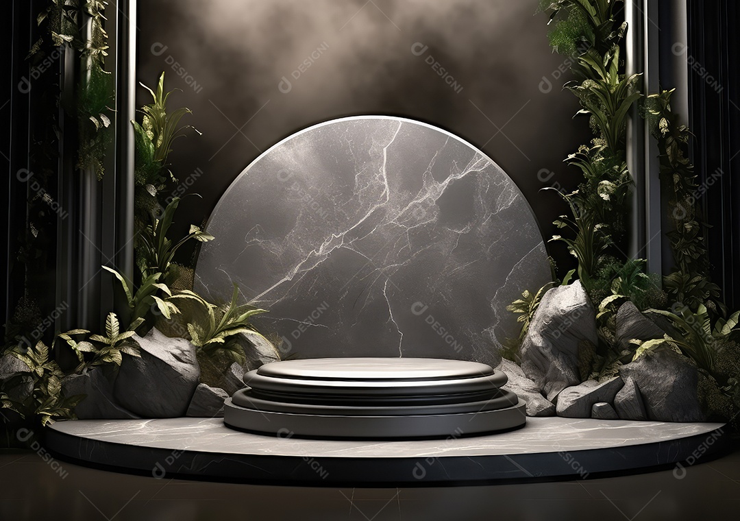 Pódio de pedra escura para placa de produto de marca cosmética de beleza