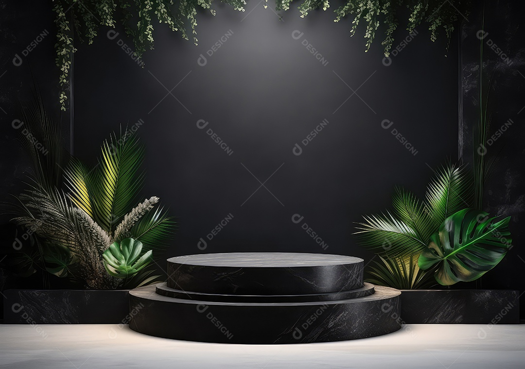 Pódio de pedra escura para placa de produto de marca cosmética de beleza