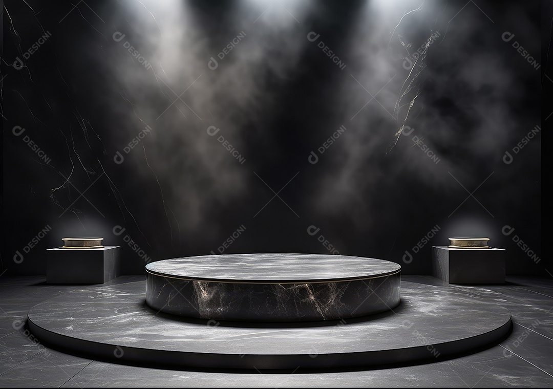 Pódio de pedra de mármore de produto vazio luxuoso e lea verde floresta