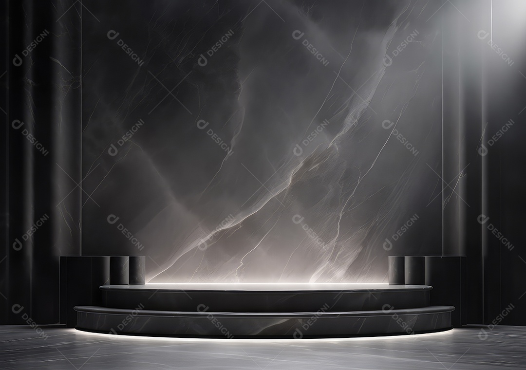 Pódio de pedra de mármore de produto vazio luxuoso e lea verde floresta