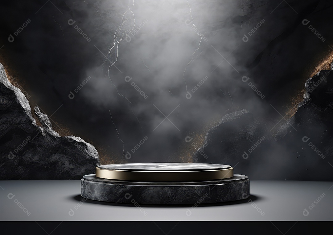 Pódio de pedra de mármore de produto vazio luxuoso e lea verde floresta