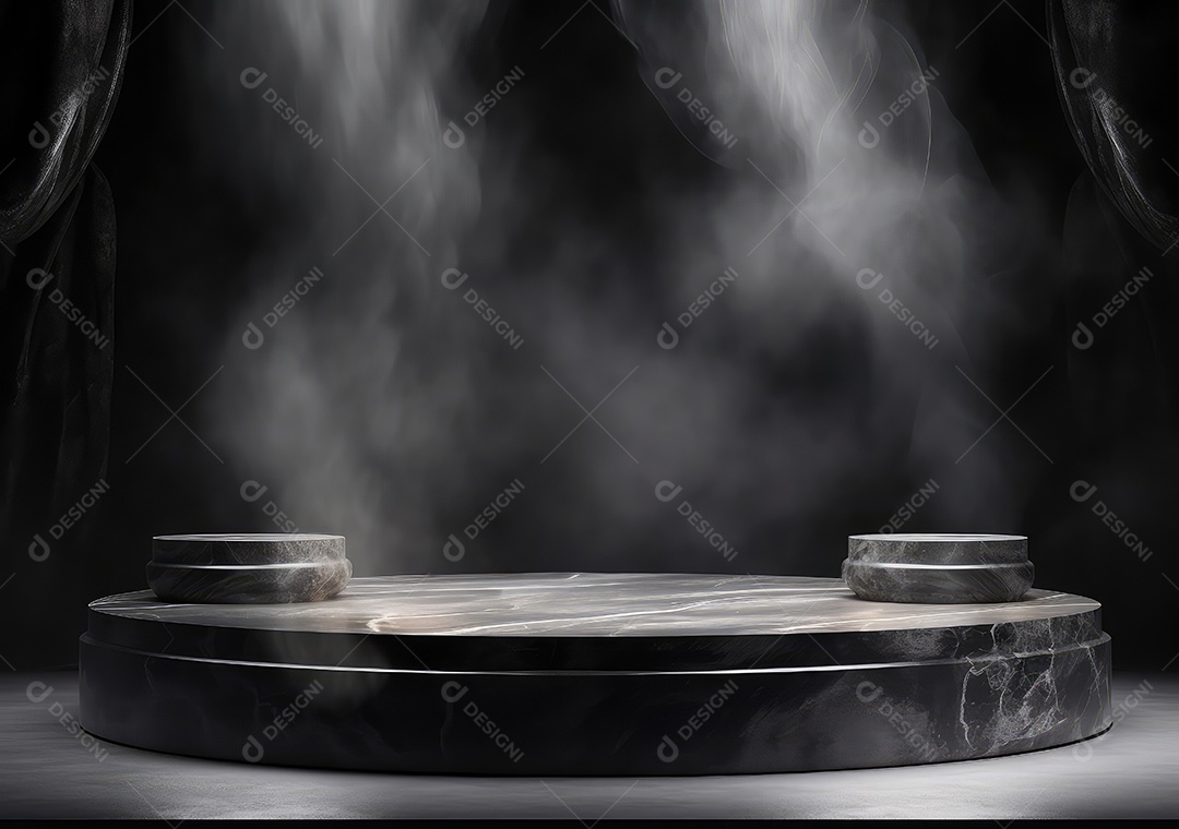 Pódio de pedra de mármore de produto vazio luxuoso e lea verde floresta