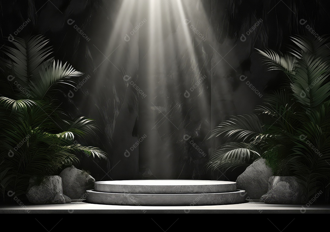 Pódio de pedra de mármore de produto vazio luxuoso e lea verde floresta