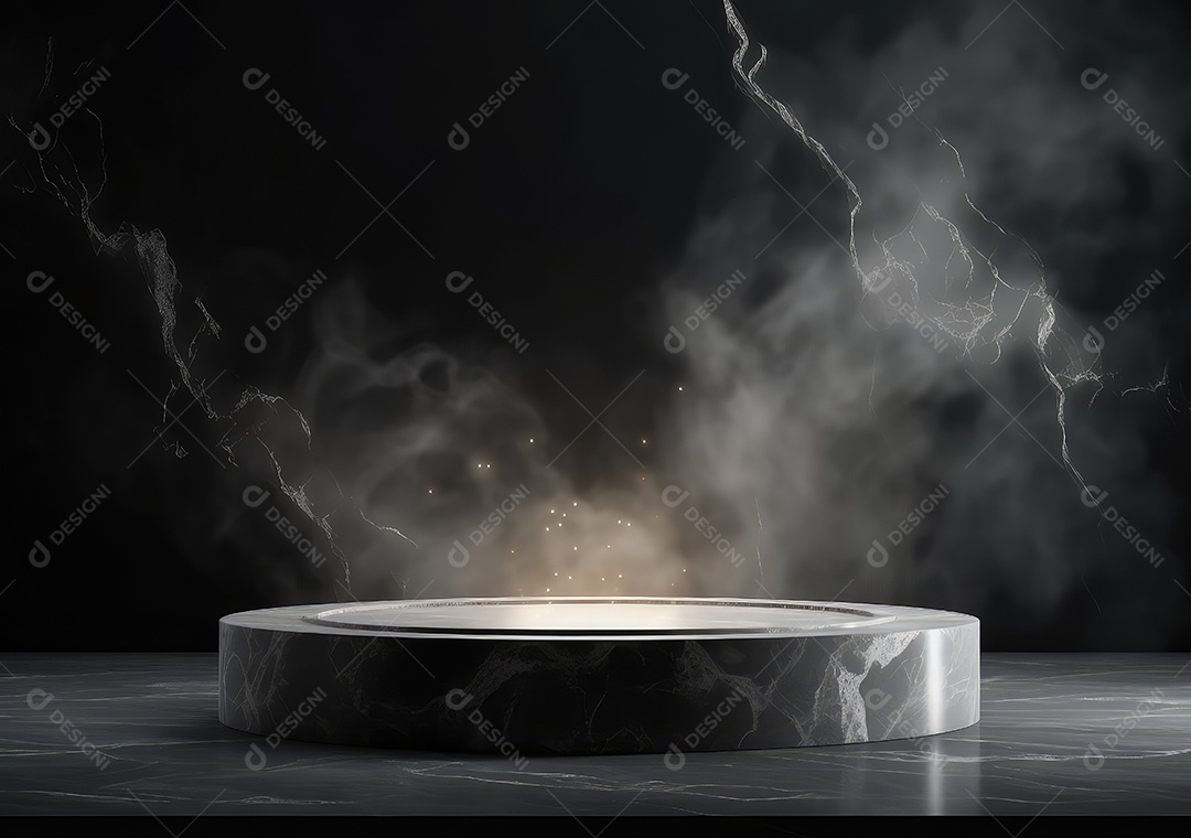 Pódio de pedra de mármore de produto vazio luxuoso e lea verde floresta