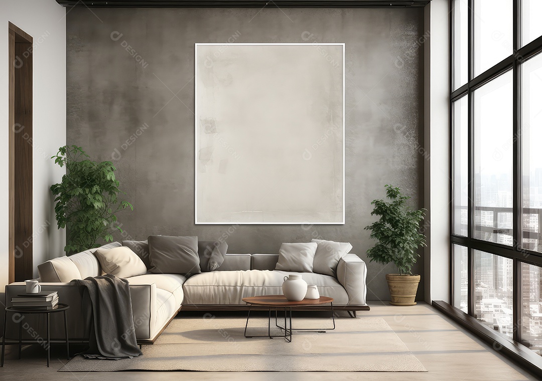 Interior moderno do loft de concreto grunge com parede vazia e vista para a cidade. Brincar. IA Gerativa