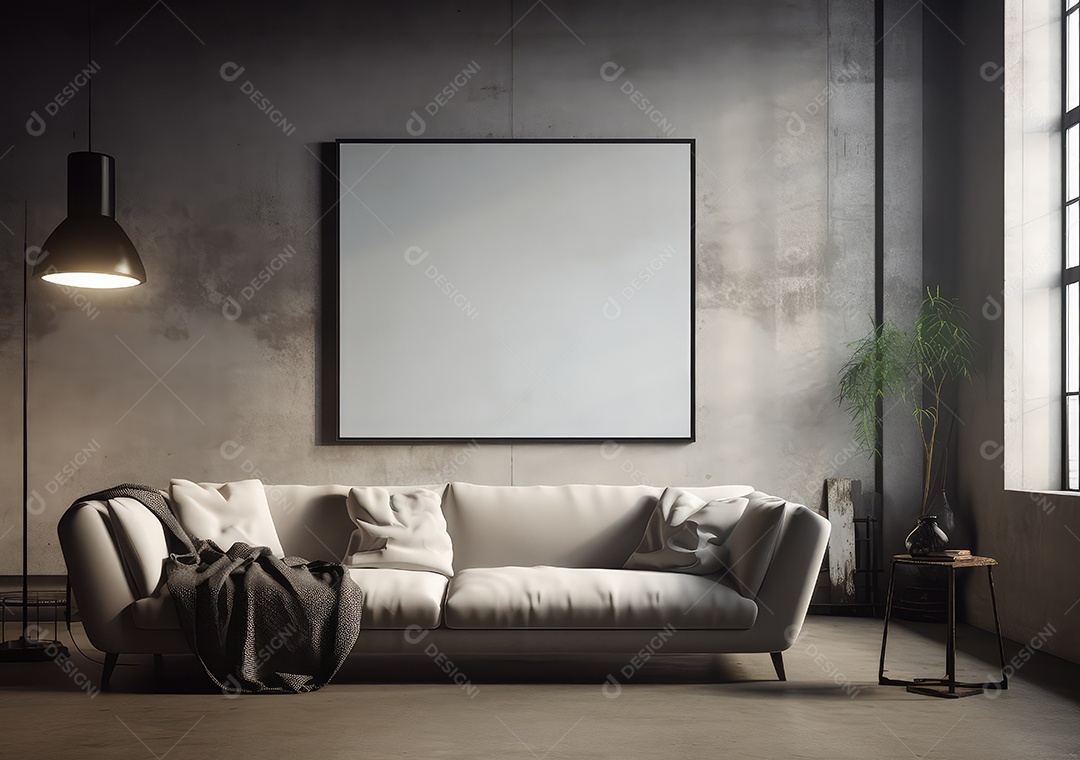 Interior moderno do loft de concreto grunge com parede vazia e vista para a cidade. Brincar. IA Gerativa