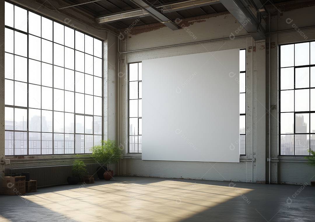 Interior moderno do loft de concreto grunge com parede vazia e vista para a cidade. Brincar. IA Gerativa
