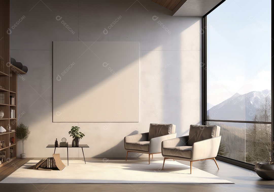 Interior moderno do loft de concreto grunge com parede vazia e vista para a cidade. Brincar. IA Gerativa