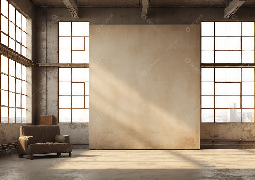 Interior moderno do loft de concreto grunge com parede vazia e vista para a cidade. Brincar. IA Gerativa