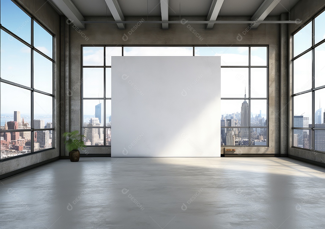 Interior moderno do loft de concreto grunge com parede vazia e vista para a cidade. Brincar. IA Gerativa