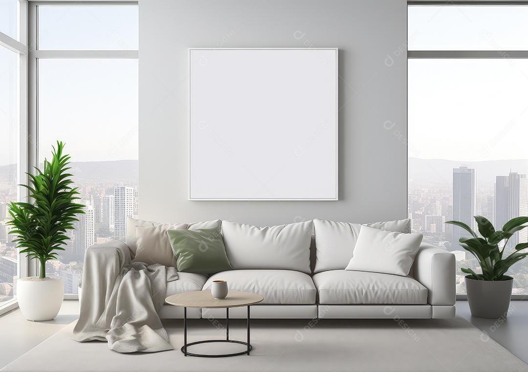 Interior moderno do loft de concreto grunge com parede vazia e vista para a cidade. Brincar. IA Gerativa