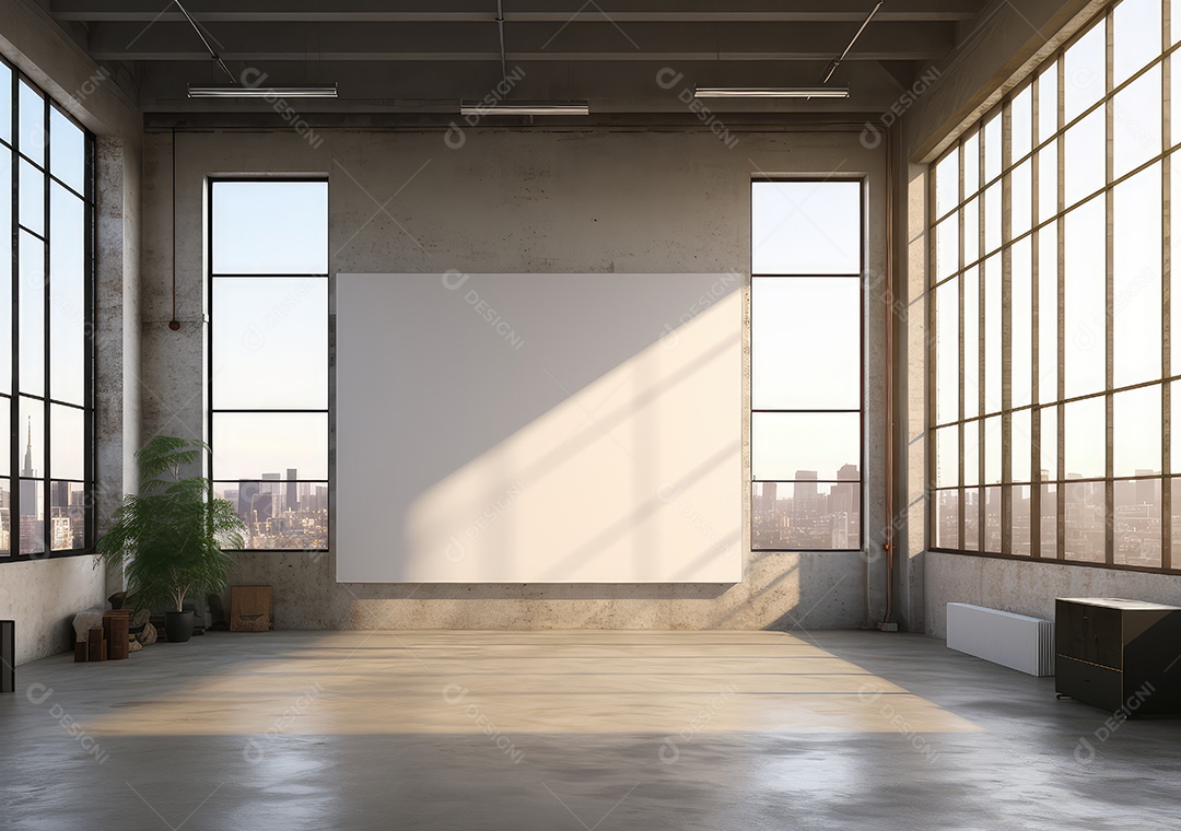Interior moderno do loft de concreto grunge com parede vazia e vista para a cidade. Brincar. IA Gerativa