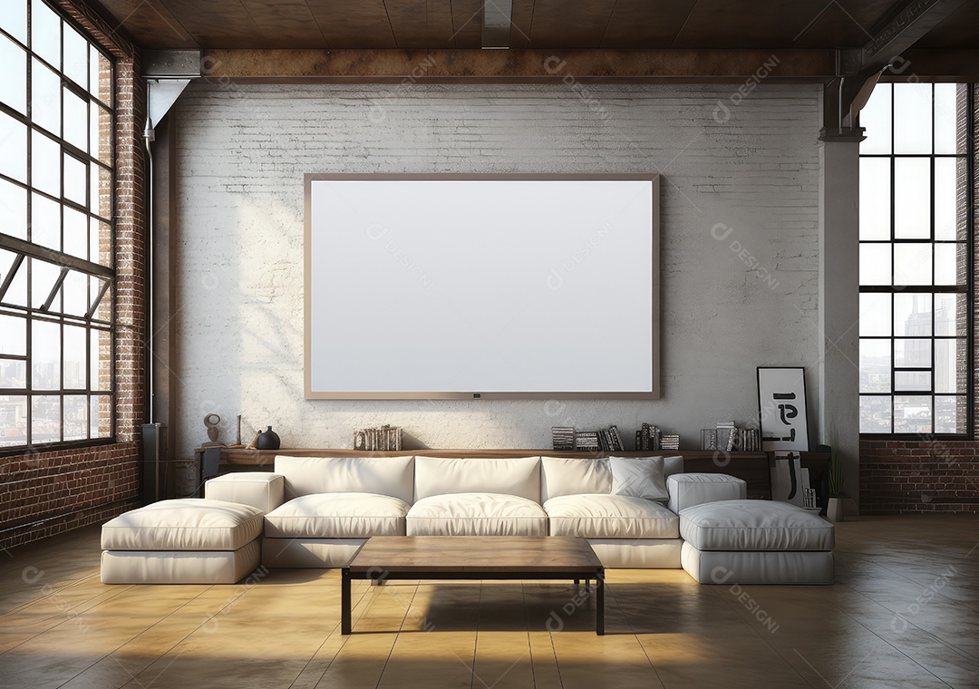 Interior moderno do loft de concreto grunge com parede vazia e vista para a cidade. Brincar. IA Gerativa