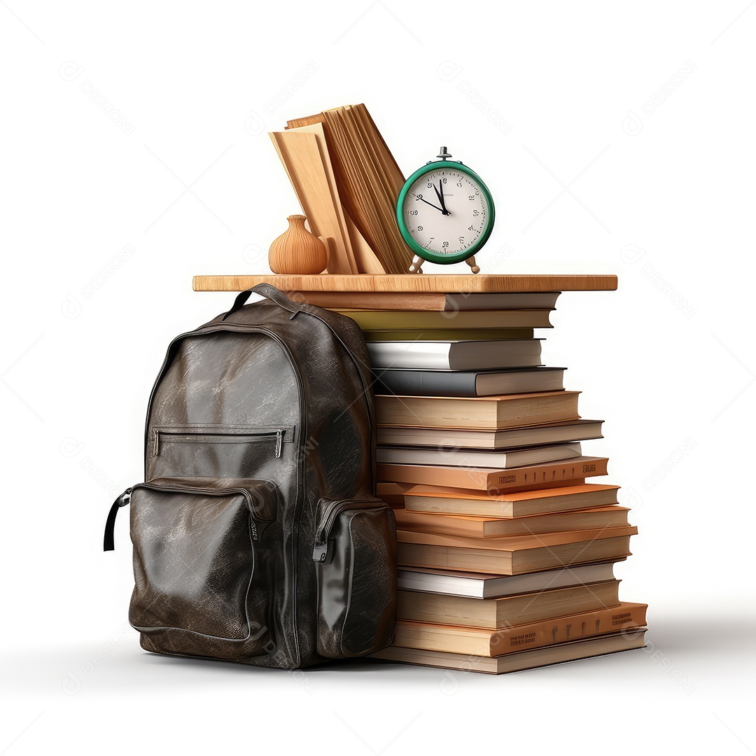 De volta ao conceito de escola. Mochila escolar com livro, relógio. IA Gerativa