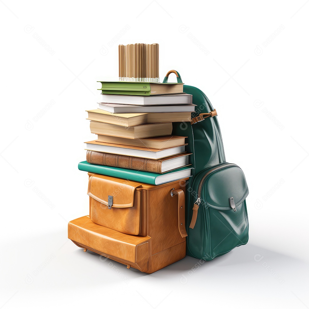 De volta ao conceito de escola. Mochila escolar com livro, relógio. IA Gerativa