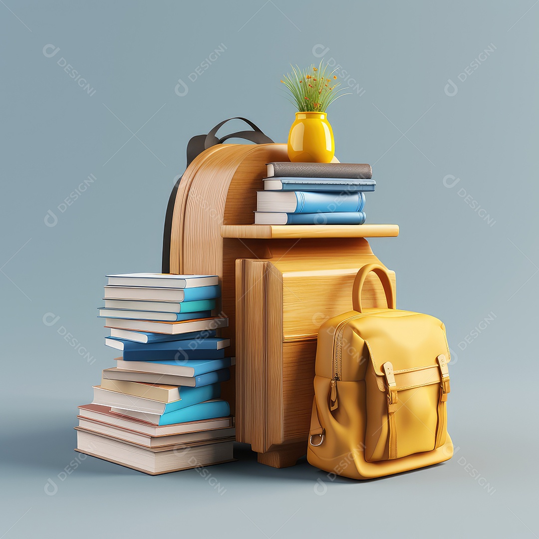 De volta ao conceito de escola. Mochila escolar com livro, relógio. IA Gerativa