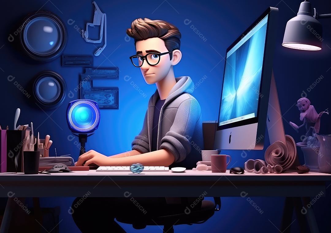 Desenho 3D usando laptops e sentado em cadeiras. Desenho bonito