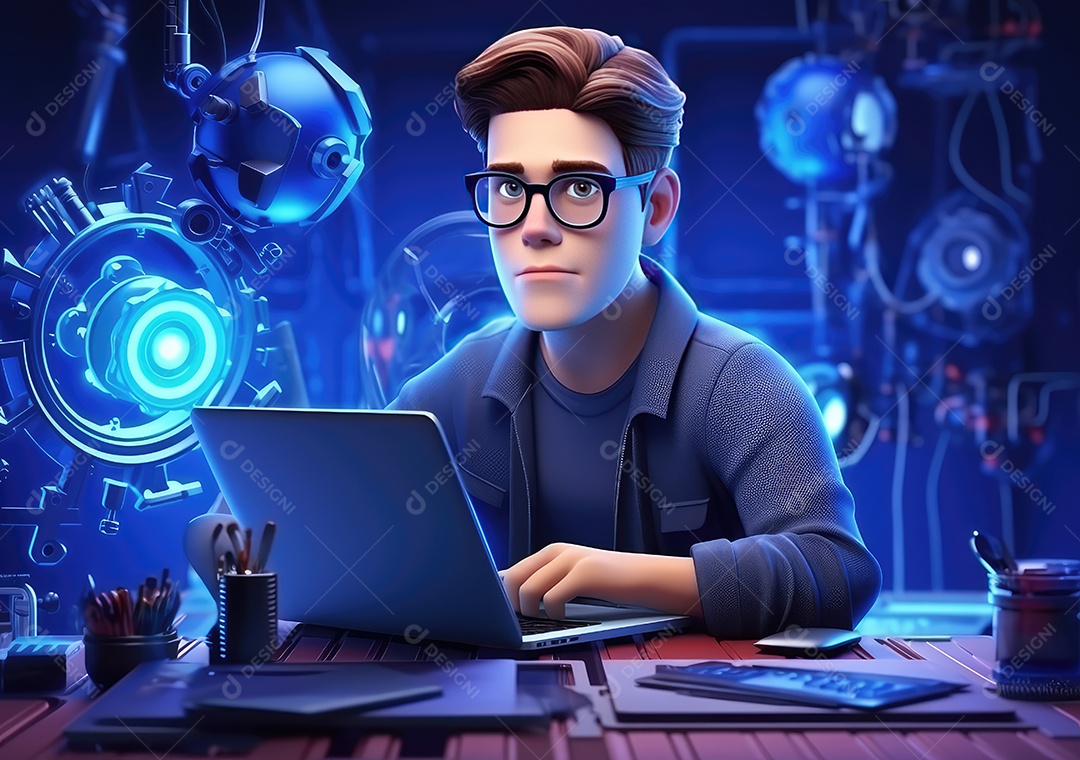 Desenho 3D usando laptops e sentado em cadeiras. Desenho bonito