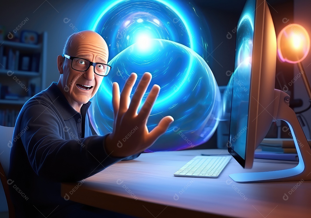 Desenho 3D usando laptops e sentado em cadeiras. Desenho bonito