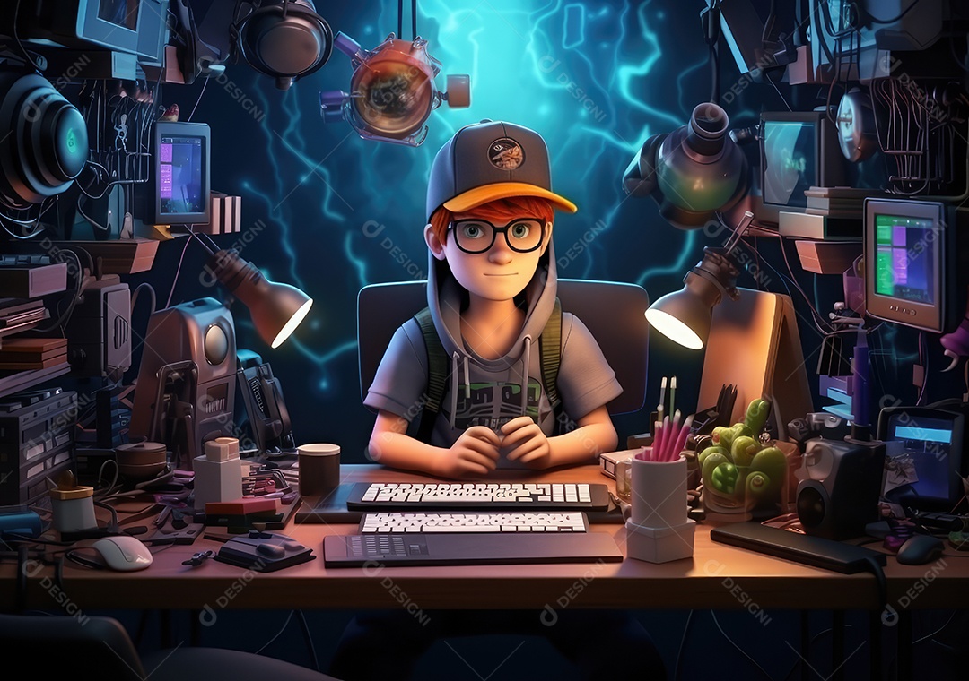 Desenho 3D usando laptops e sentado em cadeiras. Desenho bonito