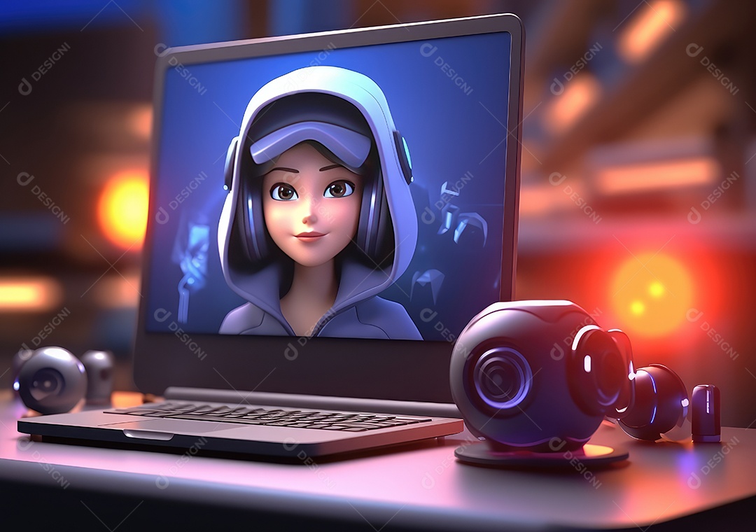 Desenho 3D usando laptops e sentado em cadeiras. Desenho bonito