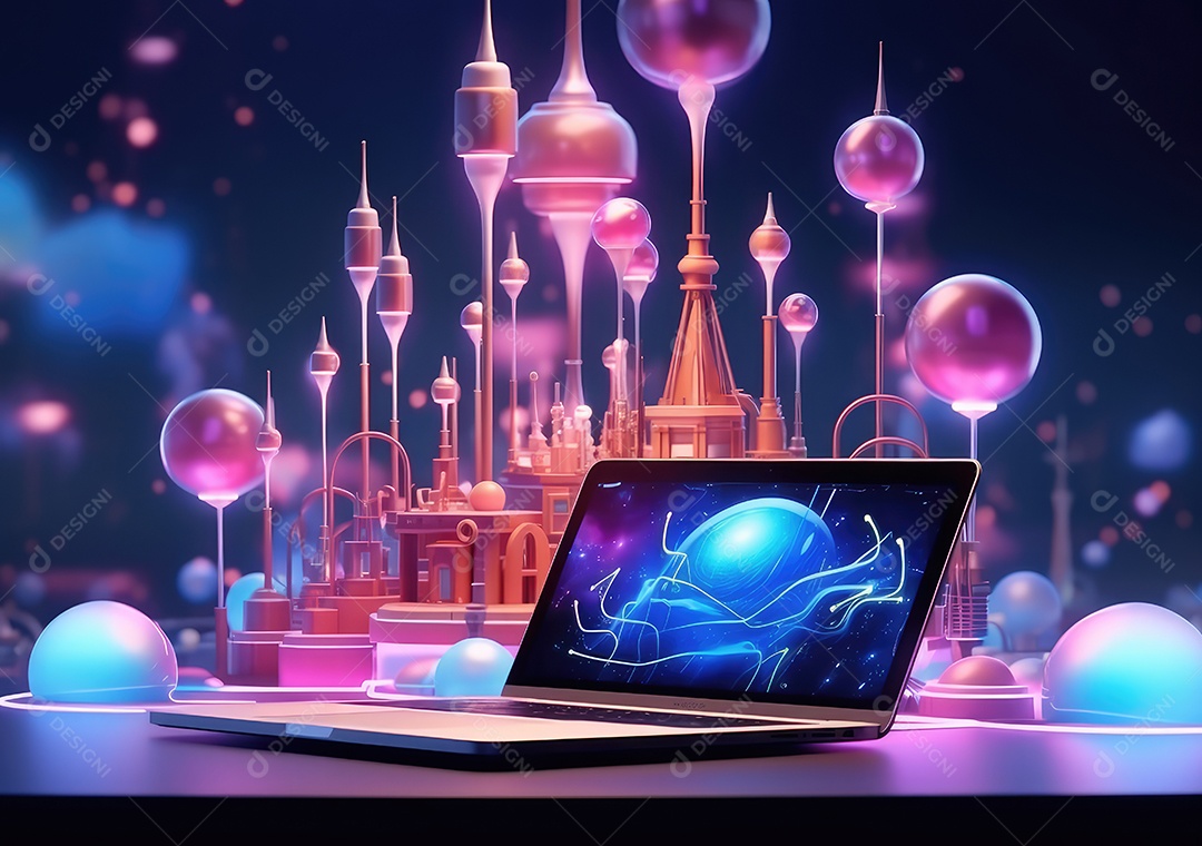 Desenho 3D usando laptops e sentado em cadeiras. Desenho bonito