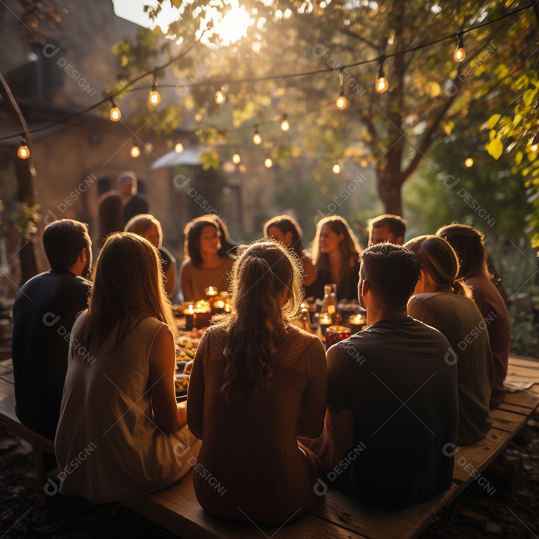 Grupo de pessoas descontraídas e felizes juntas no final da tarde.