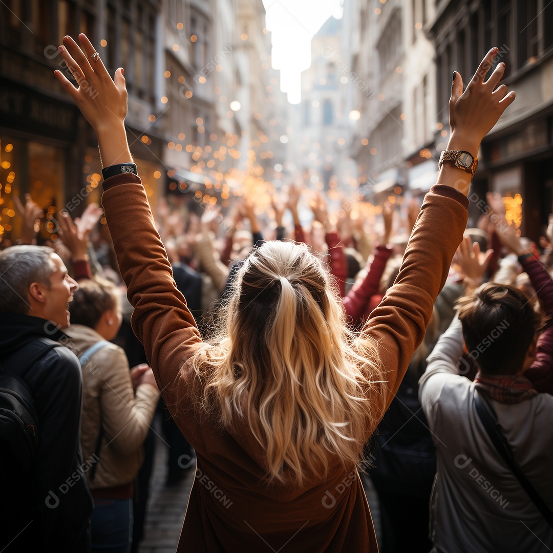 Pessoas em uma rua da cidade comemorando com os braços para cima e de costas para a câmera.