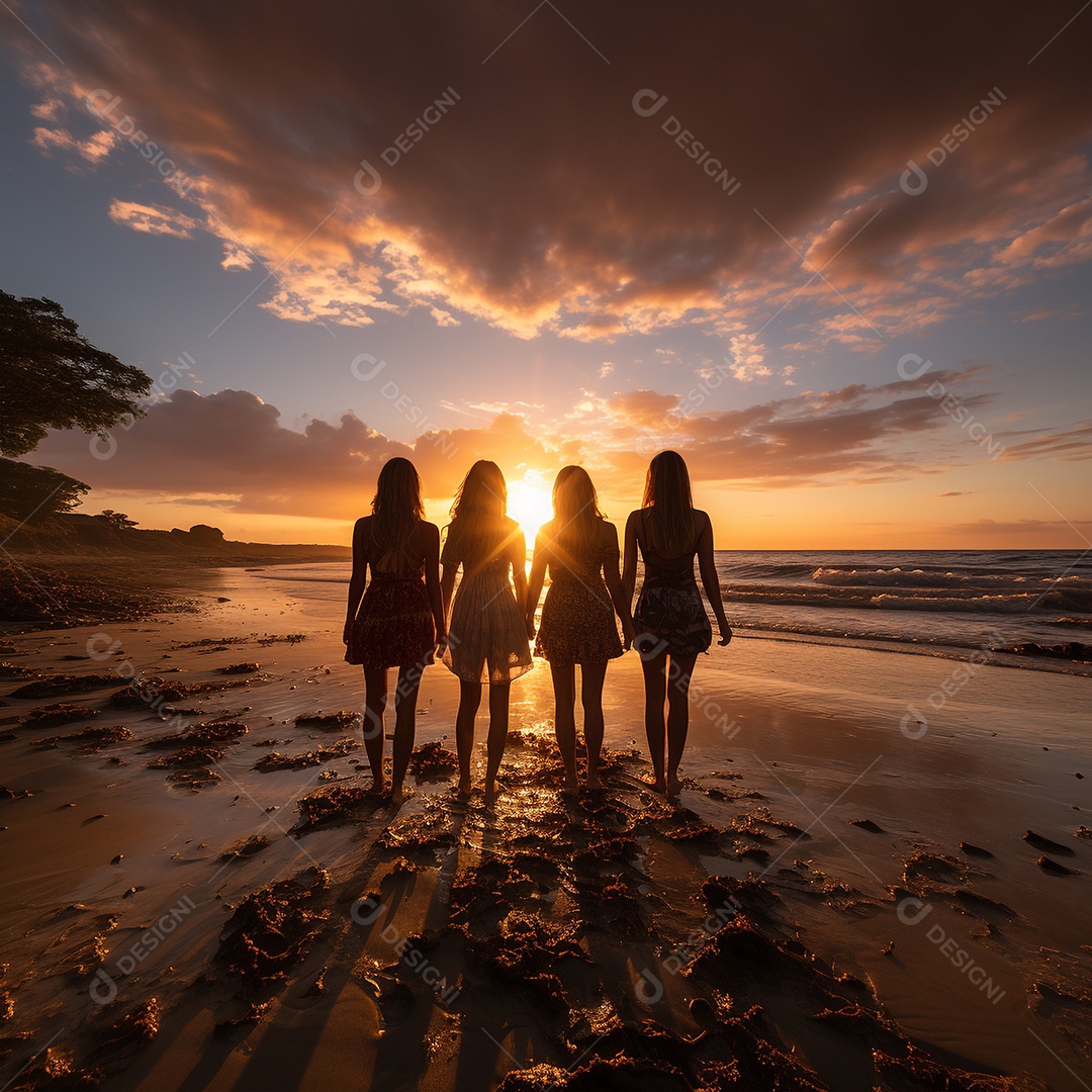 Grupo de amigos felizes conversando em frente ao pôr do sol, de costas para a câmera.