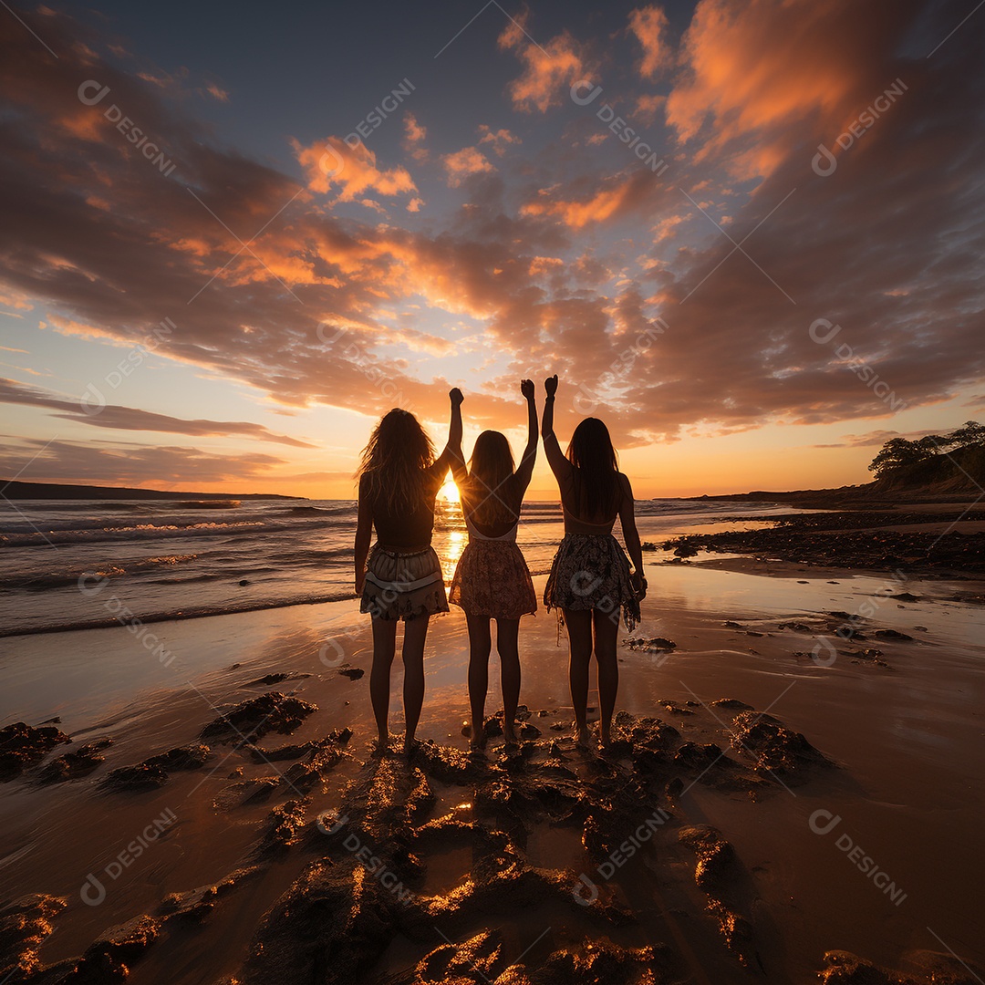 Grupo de amigos felizes conversando em frente ao pôr do sol, de costas para a câmera.