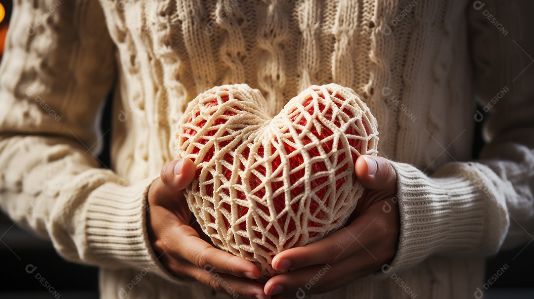 Detalhe de uma mulher de suéter segurando um coração coberto de fios de lã.