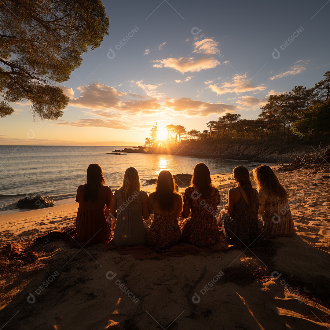 Grupo de amigos felizes conversando em frente ao pôr do sol, de costas para a câmera. Viagens, pessoas, lazer e adolescente.