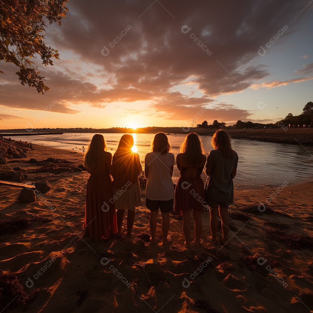 Grupo de amigos felizes conversando em frente ao pôr do sol, de costas para a câmera. Viagens, pessoas, lazer e adolescente.