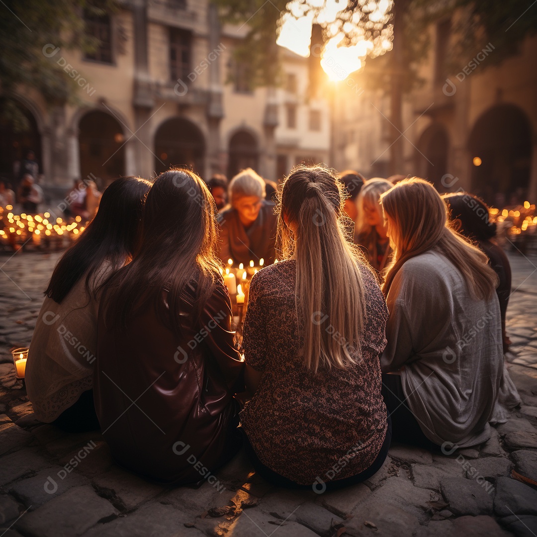Grupo de pessoas descontraídas e felizes juntas no final da tarde.