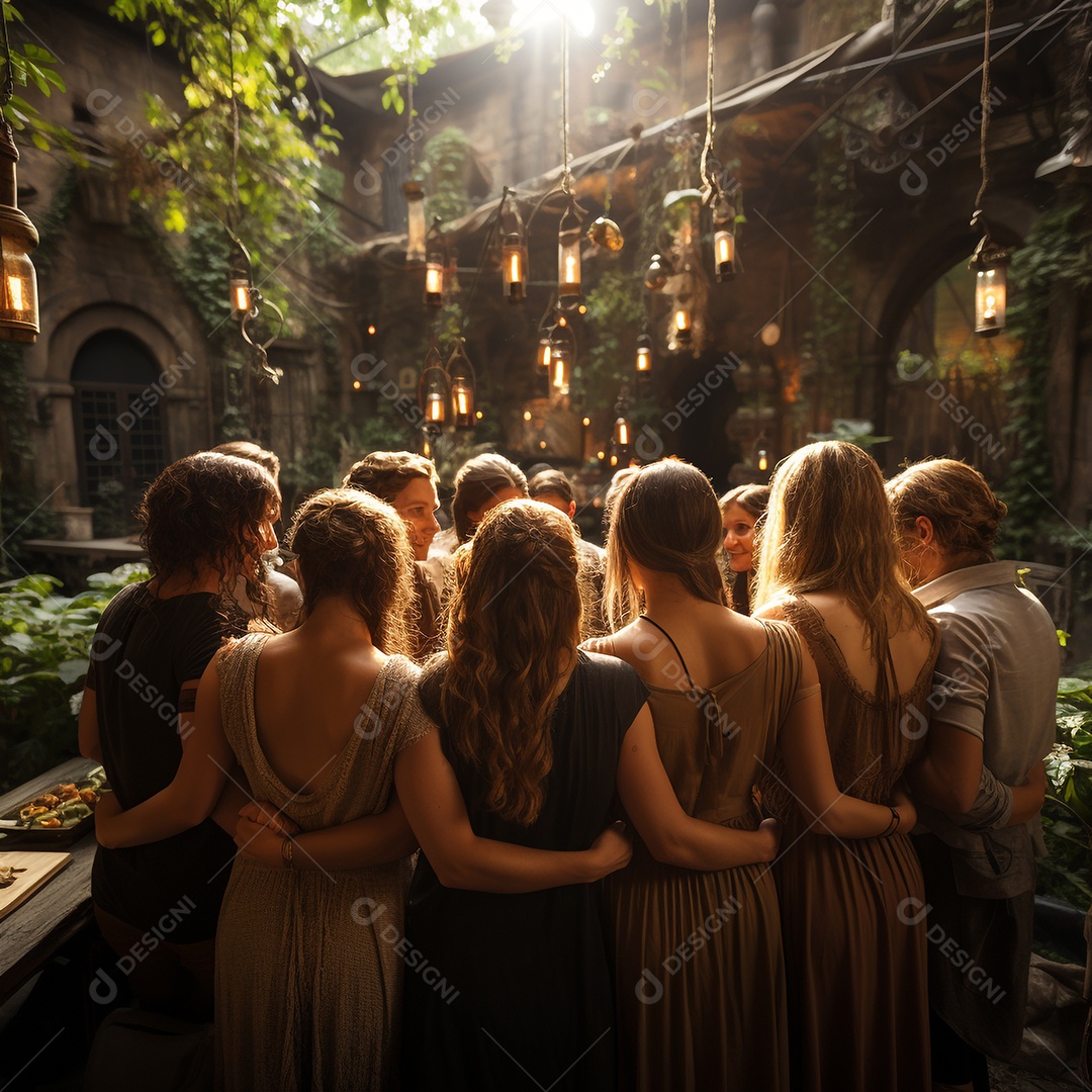 Grupo de pessoas descontraídas e felizes juntas no final da tarde.