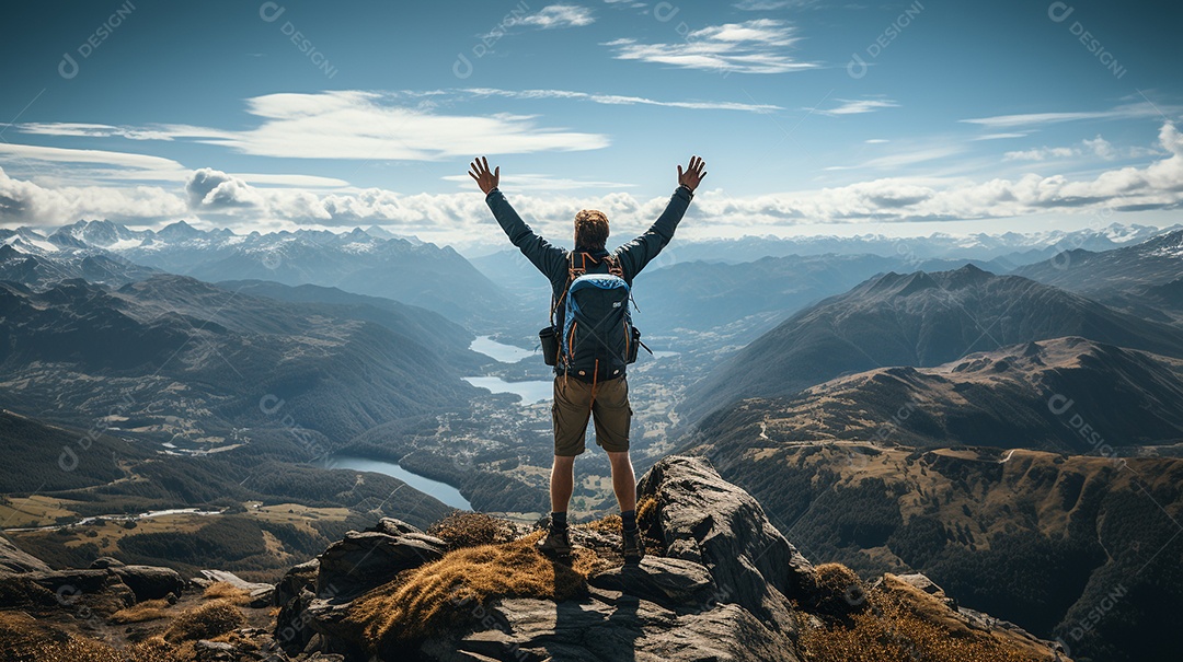 Um homem mantém os braços abertos de sucesso depois de caminhar até o topo de uma montanha.