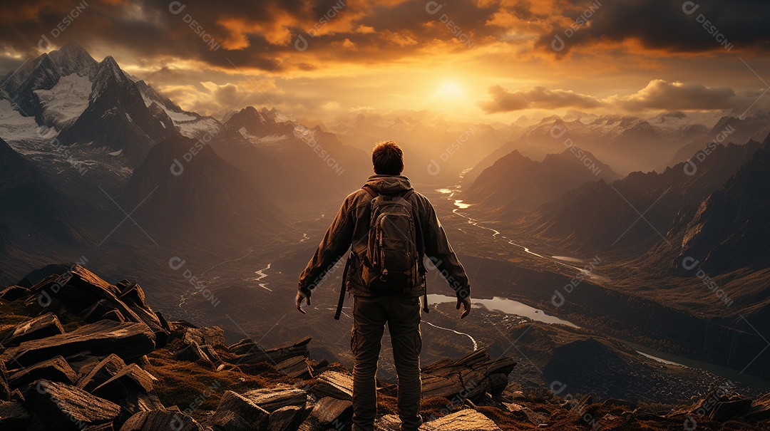 Um homem mantém os braços abertos de sucesso depois de caminhar até o topo de uma montanha.