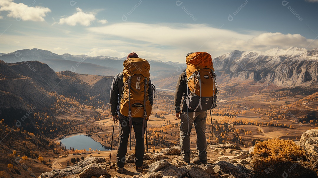 Grupo de aventureiros com suas mochilas em sucesso após caminhar até o topo de uma montanha.