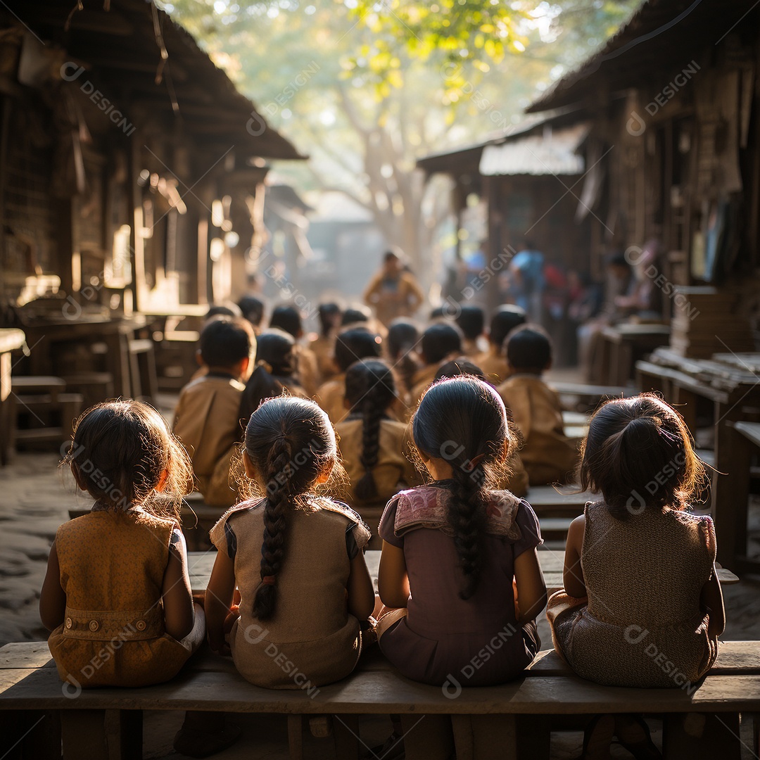 Estudantes não identificados estudam em uma vila pobre em uma vila remota ao ar livre