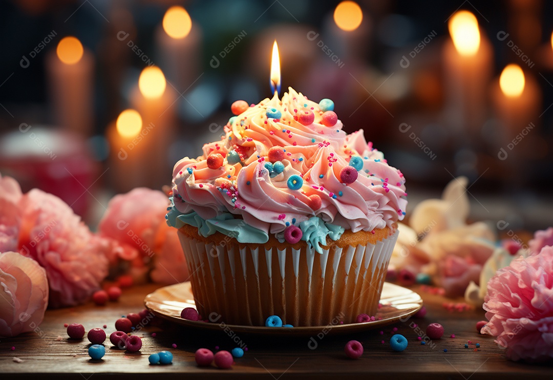 Delicioso cupcake com vela de aniversário