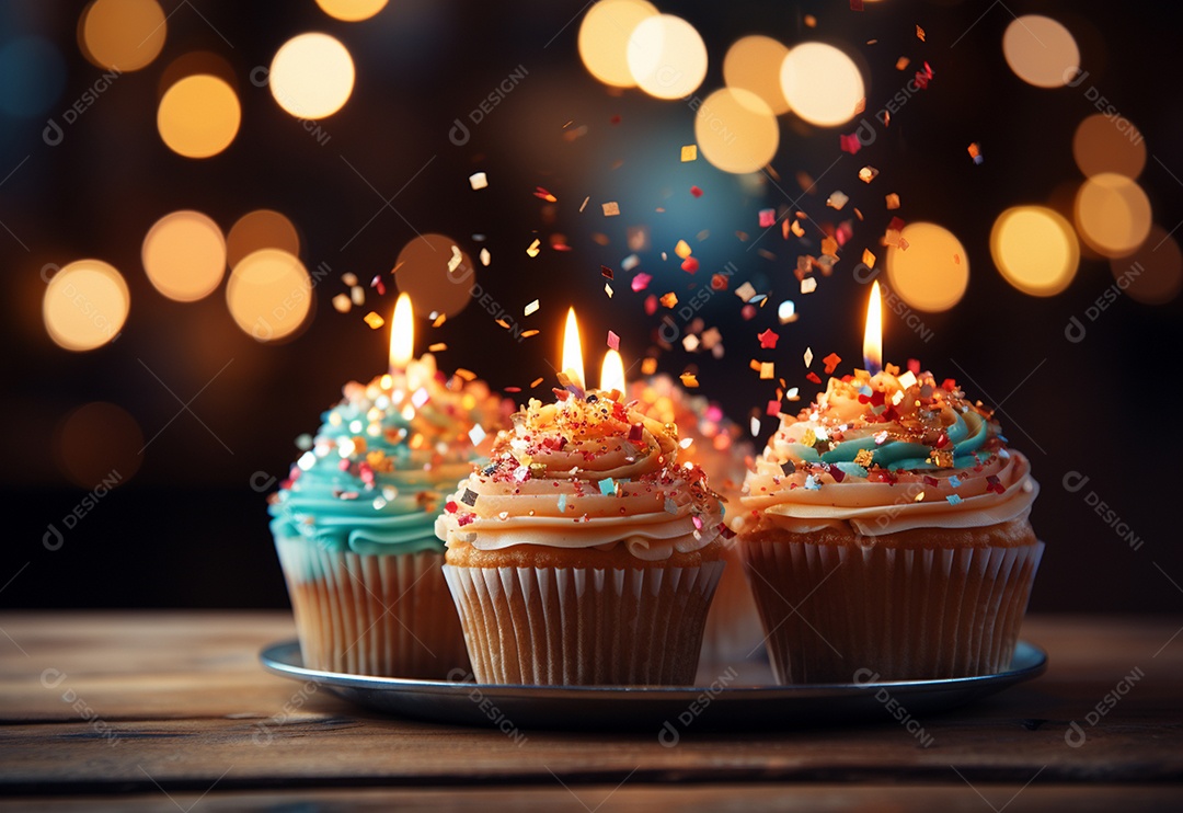 Cupcakes de aniversário com fundo colorido